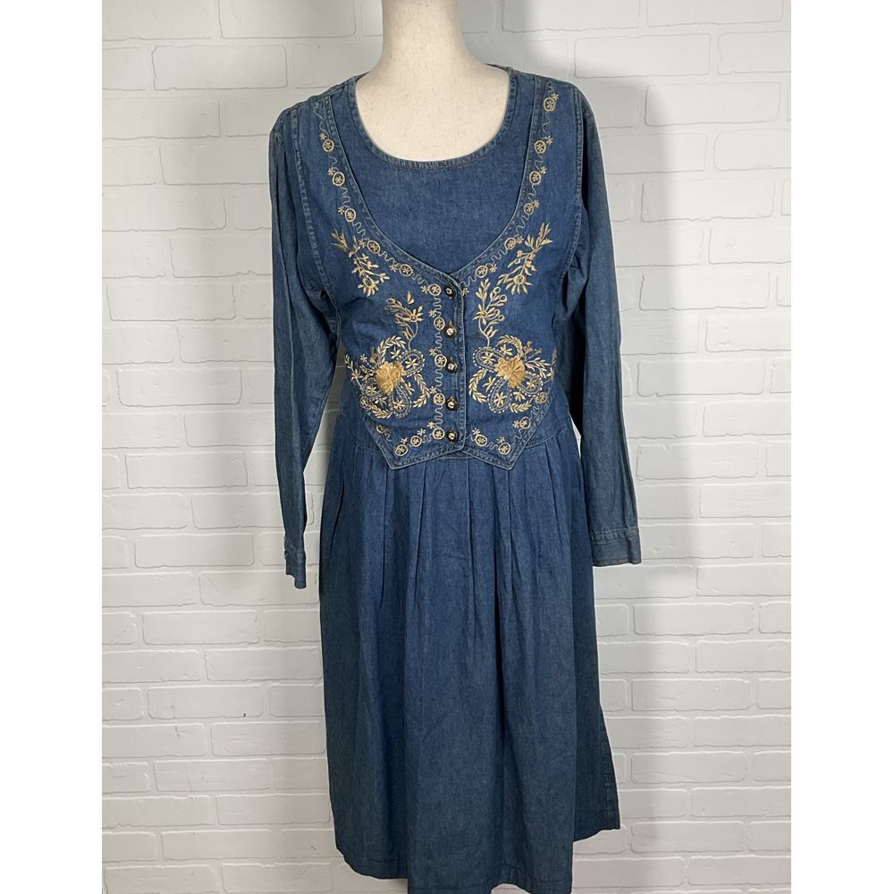 Jane Ashley Dress Women M Blue Gold Floral Embroidered Vest Pleat Modest‎ VTG